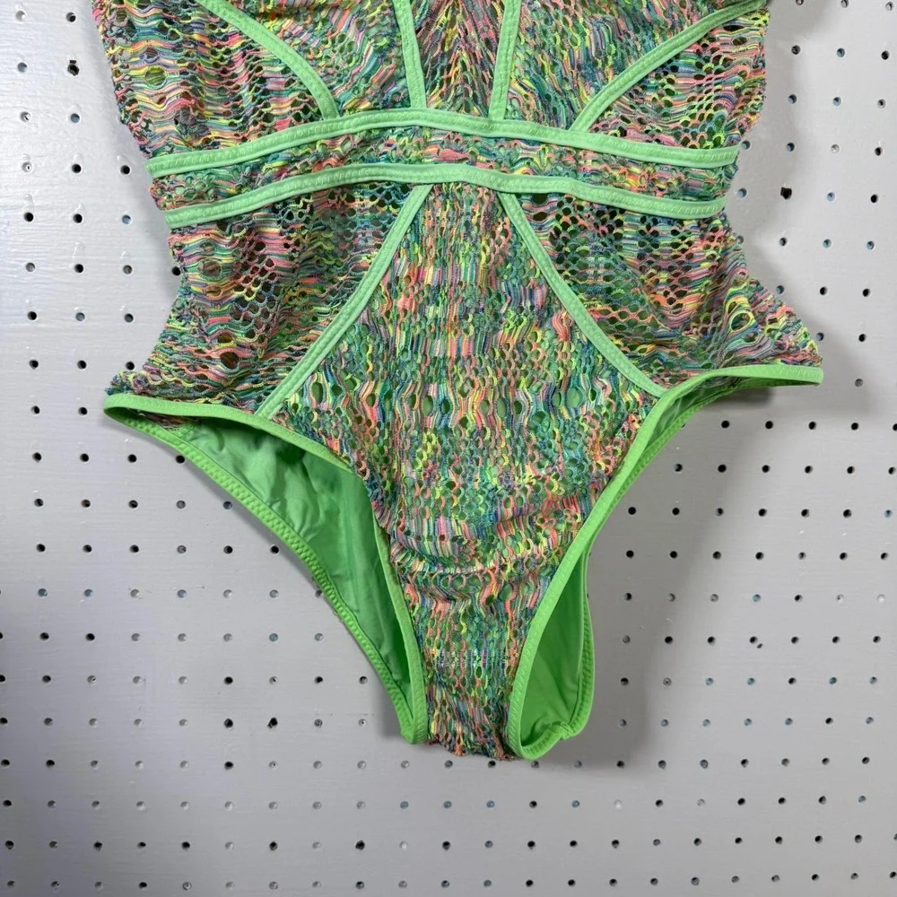 BECCA by Rebecca Virtue‎ Mosaic Crochet Plunge One-Piece Women's Green - Large